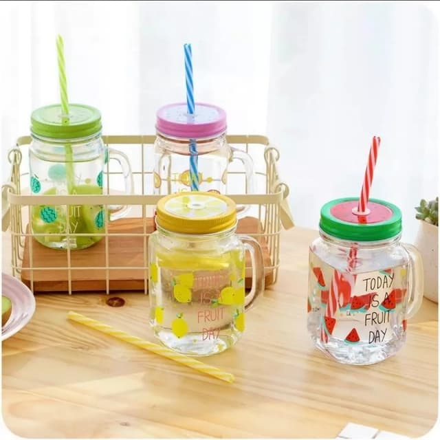 Fruity mason jar with lid and straw
