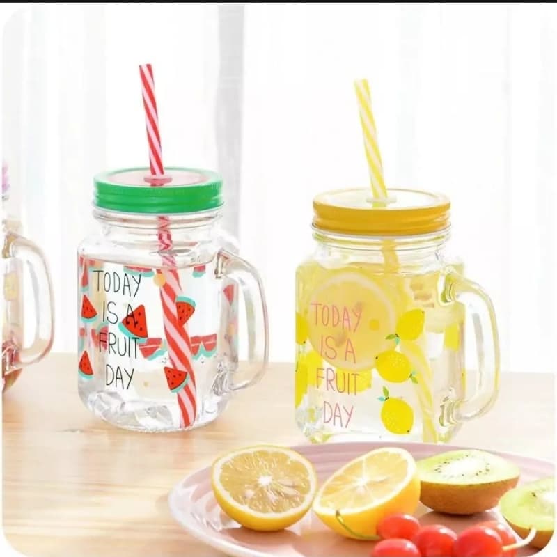 Fruity mason jar with lid and straw
