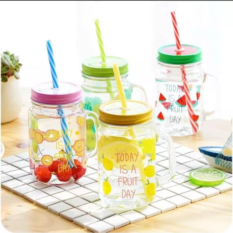 Fruity mason jar with lid and straw